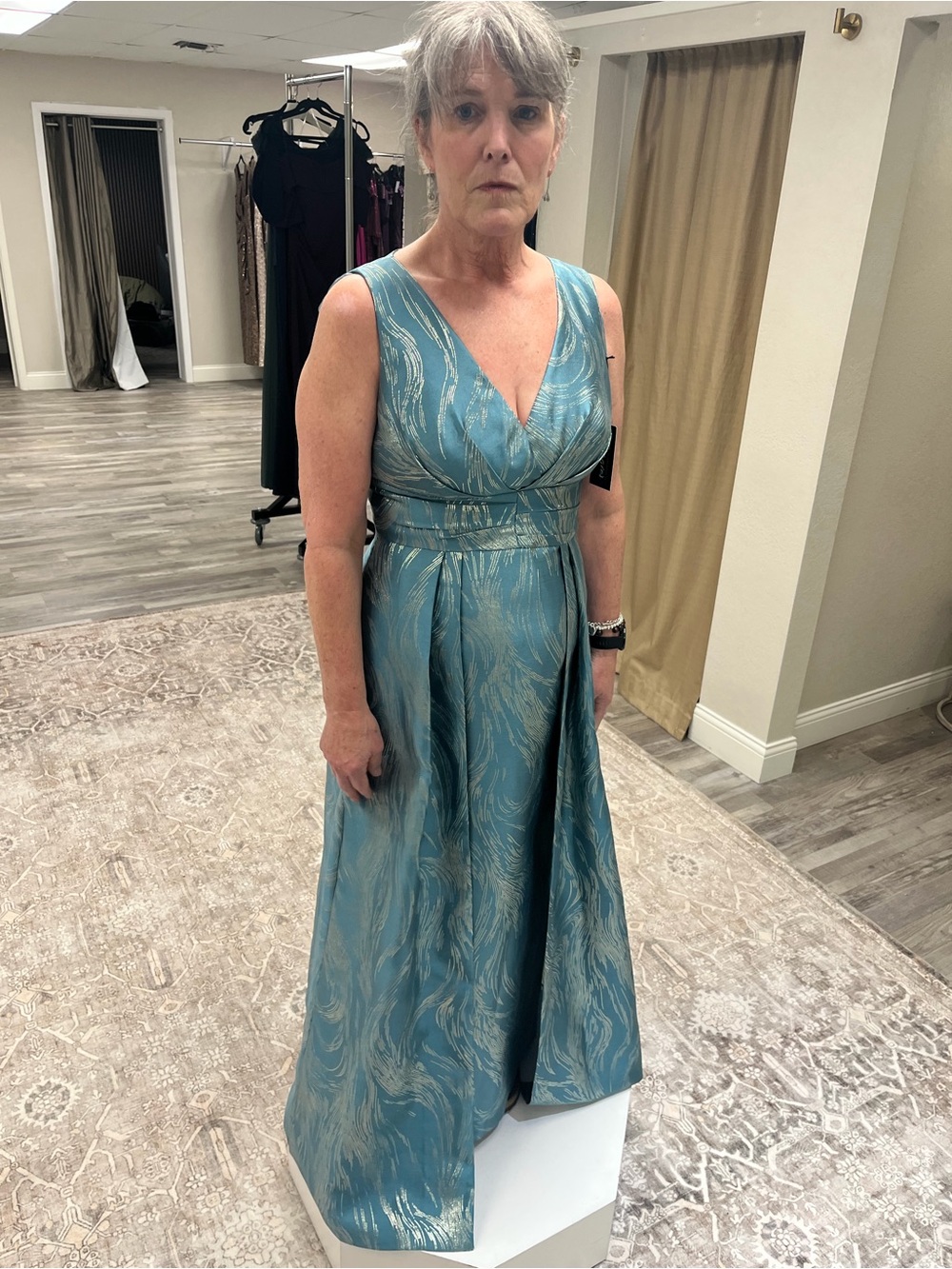 Alex Evenings Metallic Aqua V-Neck Gown - Picture 2 of 3